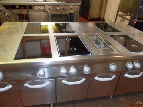 Modular centre island induction hob-cooker suite with 6 station hot cupboard 1